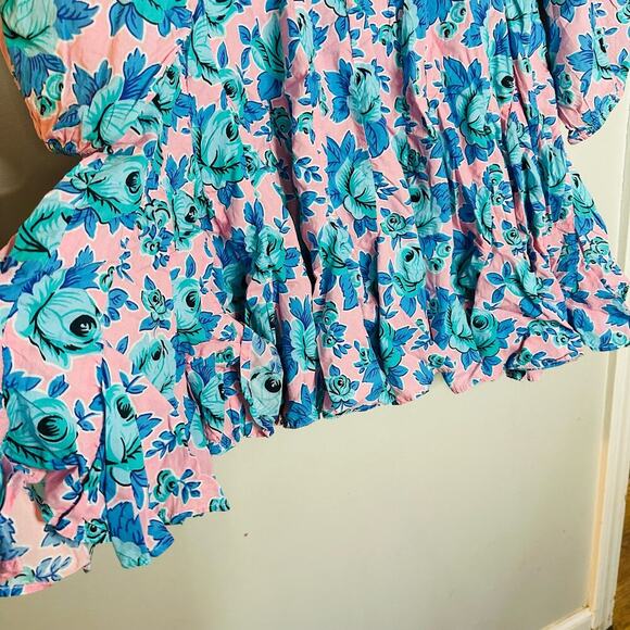 RHODE Women's Pink & Blue Floral Print Puff Sleeves Mini Dress Size Medium - Picture 9 of 16